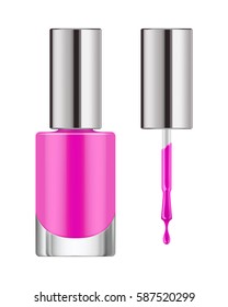 Shiny pink nail polish. Open transparent glass bottle with black cap and brush. Realistic container with cosmetic for glamour manicure. Vector icon, illustration isolated on white background