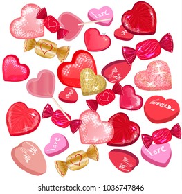 shiny pink, red and gold candies and hearts on white background