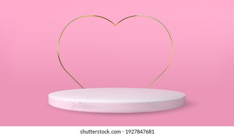 Shiny Pink Round Marble Pedestal Podium With Gold Heart. Valentine Abstract High Quality 3d Concept Illuminated Pedestal By Spotlights On Blue Background. Vector Illustration. EPS 10.