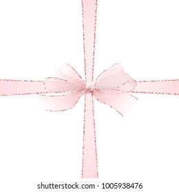 Shiny pink satin bow and cross ribbon top view close up isolated on white background. Template for greeting card, sale promo or gift certificate. Vector