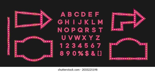 Shiny pink signboard and arrow for black friday sale banner. Marque alphabet for night club logo or event badge.