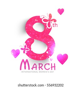 Shiny pink text 8th March decorated with butterflies and hearts for Women's Day celebrations. 