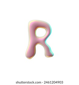 Shiny pink Y2K style font design, 3D vector English letter R made of liquid metal with iridescent color. Ideal for modern web and print aesthetics, isolated background.