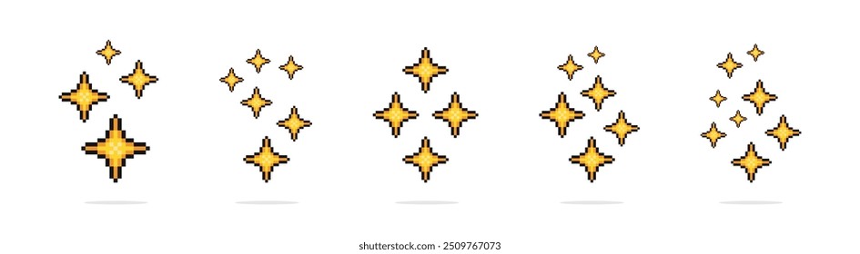 Conjunto de estrellas de arte de píxeles brillantes. Brillos de 8 bits. Estrellas brillantes pixel art. Estrellas brillantes, arte pixelado