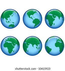 shiny planet earth map from six views; illustration