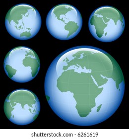 mapa de la tierra del planeta brillante desde seis vistas; ilustración