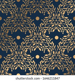 shiny Plant geometric shapes pattern, Seamless vector pattern background. Vector texture , gold with blue background