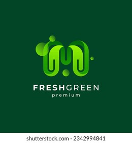 shiny and playful letter M with leaf and bubbles logo design
