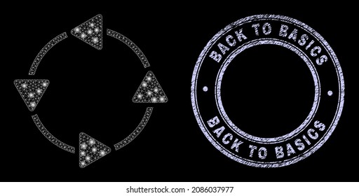 Shiny polygonal mesh net CCW circulation arrows icon with glow effect on a black background with round Back to Basics grunge seal print.