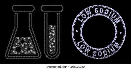 Shiny polygonal mesh net chemical glassware icon with glare effect on a black background, and round Low Sodium textured watermark. Vector constellation is based on chemical glassware icon,