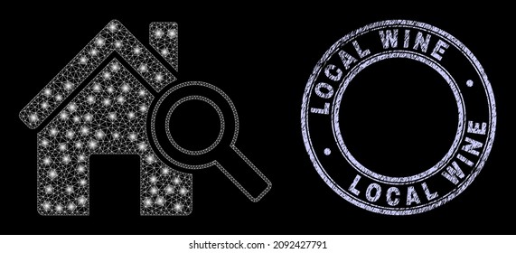 Shiny polygonal mesh web explore realty icon with glare effect on a black background, and round Local Wine unclean stamp. Vector constellation is created from explore realty icon,