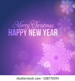 Shiny Postcard with Happy New Year and Merry Christmas Celebration, Web Banner Template. Greeting Card Design, Vector Winter Snowflakes Elements in Brilliant Violet Colors Background. Flyer, Poster.