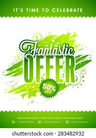 Shiny poster, banner or flyer design of sale with fantastic offer for Muslim community festival, Eid celebration.