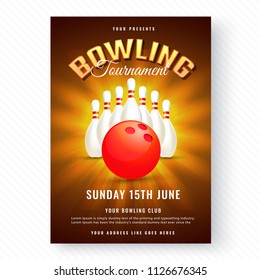 Shiny poster or flyer design with time and venue details on abstract white background for Bowling tournament concept.
