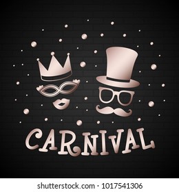 Shiny poster in retro style with costumes and confetti for Carnival. Vector.