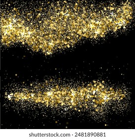 Shiny powder gold cosmic dust over black background. New Year or Christmas card glowing gold tinsels ecctor background. Pollen cluster golden powder flying