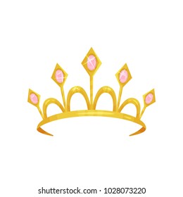 Shiny princess tiara decorated with five precious pink stones. Golden queen crown. Royal attribute. Woman s head accessory. Colorful flat vector icon
