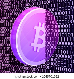 Shiny purple bitcoin on binary background.
