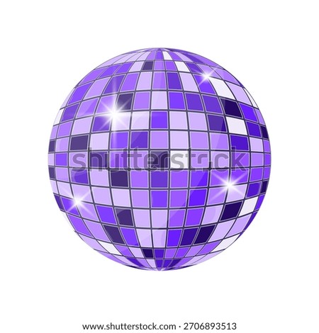 Shiny purple disco ball with reflective square tiles. Trendy retro aesthetic for party posters, music design, nightlife themes, and festive projects.