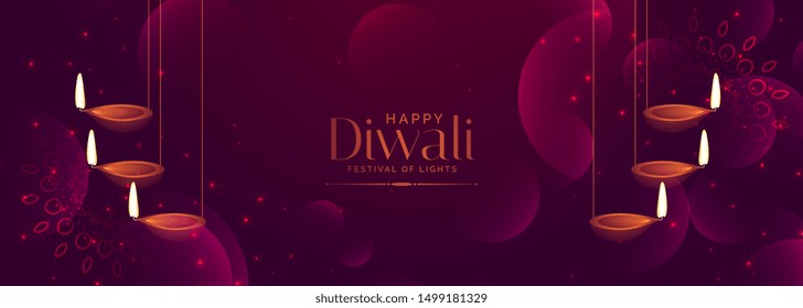 shiny purple diwali festival banner with hanging diya