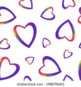 Shiny purple gradient hearts with rainbow edges in seamless pattern. Multicolored symbols of love, romance, relationship, pride for prints
