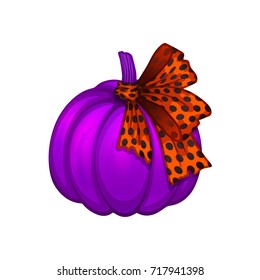 Shiny purple pumpkin with an orange polka dot bow close-up. Bright glowing Halloween pumpkin colored purple. Halloween decoration. Autumn decoration. Vector illustration on white background.