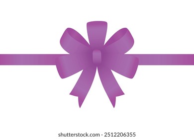 Shiny purple satin ribbon on white background. Vector purple bow. Purple bow and purple ribbon. Christmas gift, valentines day, birthday wrapping element, Symbol Christmas, New Year celebration.