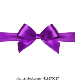 Shiny purple satin ribbon on white background. Vector purple bow. Purple bow and purple ribbon. Christmas gift, valentines day, birthday  wrapping element