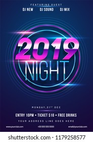 Shiny purple text 2019 Night on blue background with time and venue details for New Year celebration concept.