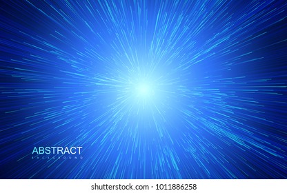 Shiny Radial Burst With Linear Particles. Vector Absrtact Illustration. Blue Background With Explosion. Shiny Light Rays. Flashing Beams