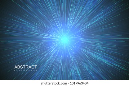 Shiny radial burst with linear particles. Vector absrtact illustration of Big Bang. Background with dispersion of light. Shiny light rays. Flashing beams. Warp speed concept