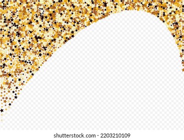 Shiny Rain Vector Transparent Background. Gold Twinkle Confetti Design. Universe Glamour Pattern.  Golden Christmas Glitter Banner.