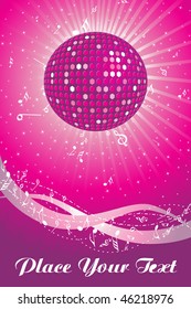 shiny rays background with disco ball, musical notes