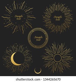 Shiny rays of Sun and Moon. Set of design elements on dark background.
