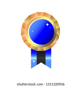Shiny realistic blank empty golden blue medal mockup template with ribbon isolated on white background. Round gold medal badge, symbol of victory in sport, in business, competition, event, game
