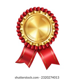 Shiny realistic empty gold award medal with red ribbon rosettes on white background. Symbol of winners and achievements