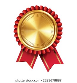 Shiny realistic empty gold award medal with red ribbon rosettes on white background. Symbol of winners and achievements