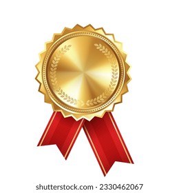 Shiny realistic empty gold award medal with red ribbon rosettes on white background. Symbol of winners and achievements