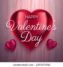 Shiny realistic glass hearts on wooden boards background. 3D Valentine's Day vector illustration, banner, greeting card.