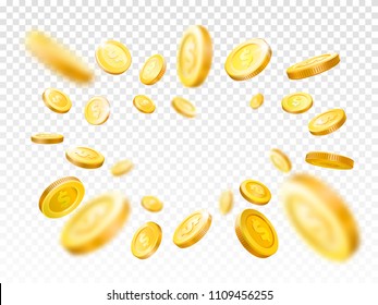Shiny Realistic Gold Coins Explosion. Casino Golden Coin, Shiny Falling Money Jackpot Or Finance Savings 3d Cash Vector Illustration Realistic Concept Isolated On White Checkered Background