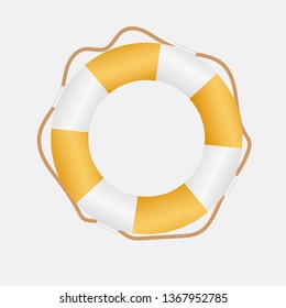 Shiny realistic life buoy with rope, yellow and white, assistance or help symbol isolated on white background. vector art illustration. can be used for topics like security, sea, swimming, holiday