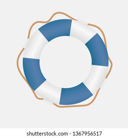 Shiny realistic life buoy with rope, blue and white, assistance or help symbol isolated on white background. vector art illustration. can be used for topics like security, sea, swimming, holiday