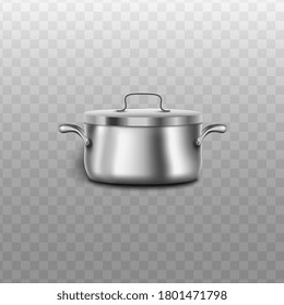 Shiny realistic metal pot isolated on transparent background - silver steel kitchen utensil with closed lid seen from side view - kitchenware equipment vector illustration