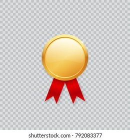 Shiny Realistic Vector Blank Empty Golden Medal Mockup Template With Red Ribbon