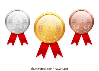 Shiny realistic vector gold, silver and bronze champion medal set with red ribbons