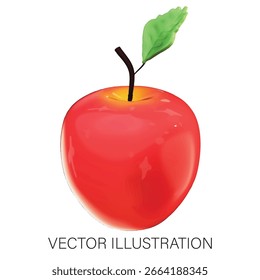 Shiny Red Apple with a Leaf - 3D Vector Illustration on White Background