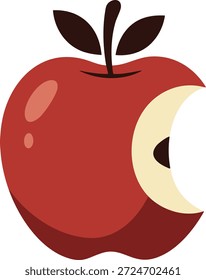 Una manzana roja brillante con una sola hoja y un Grande mordisco que revela la carne pálida.