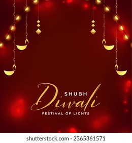 shiny red background with hanging diya for shubh diwali celebration 