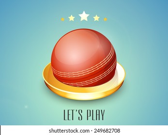 Shiny red ball in a 3D golden ring on blue background for Cricket.