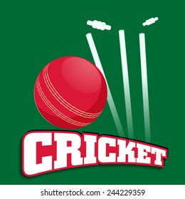Shiny red ball hitting wicket stumps on green background.